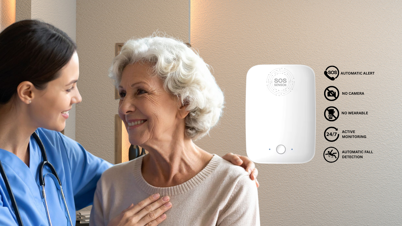 Healtchare provider elderly senior with SOS SENSOR automatic fall detection sensor on the wall.