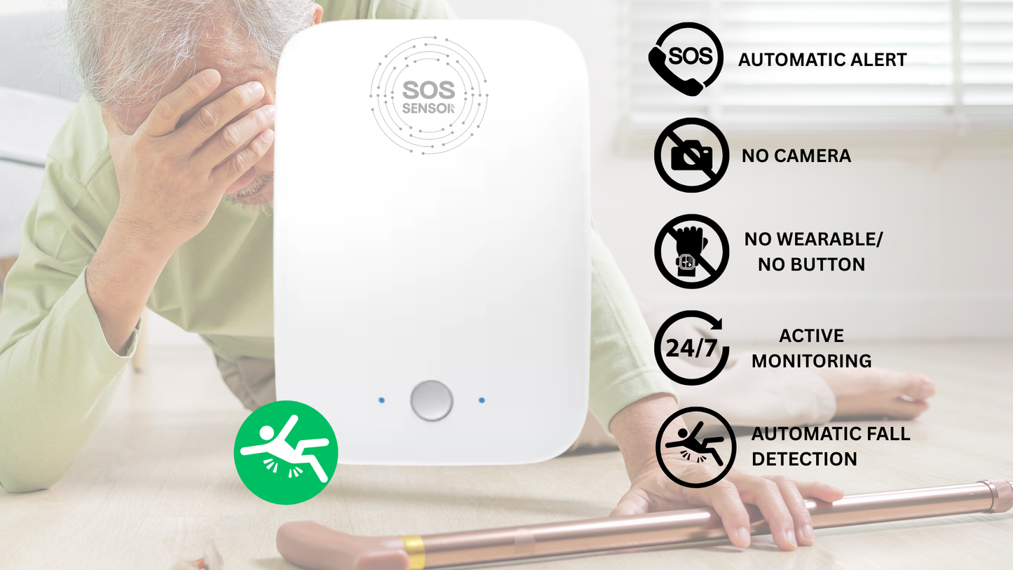 Automatische valalarm voor senioren. Na de detectie van een valbeweging wordt er automatisch een waarschuwing verstuurd via een telefoonoproep, sms of app-notificatie, geheel zonder knoppen.